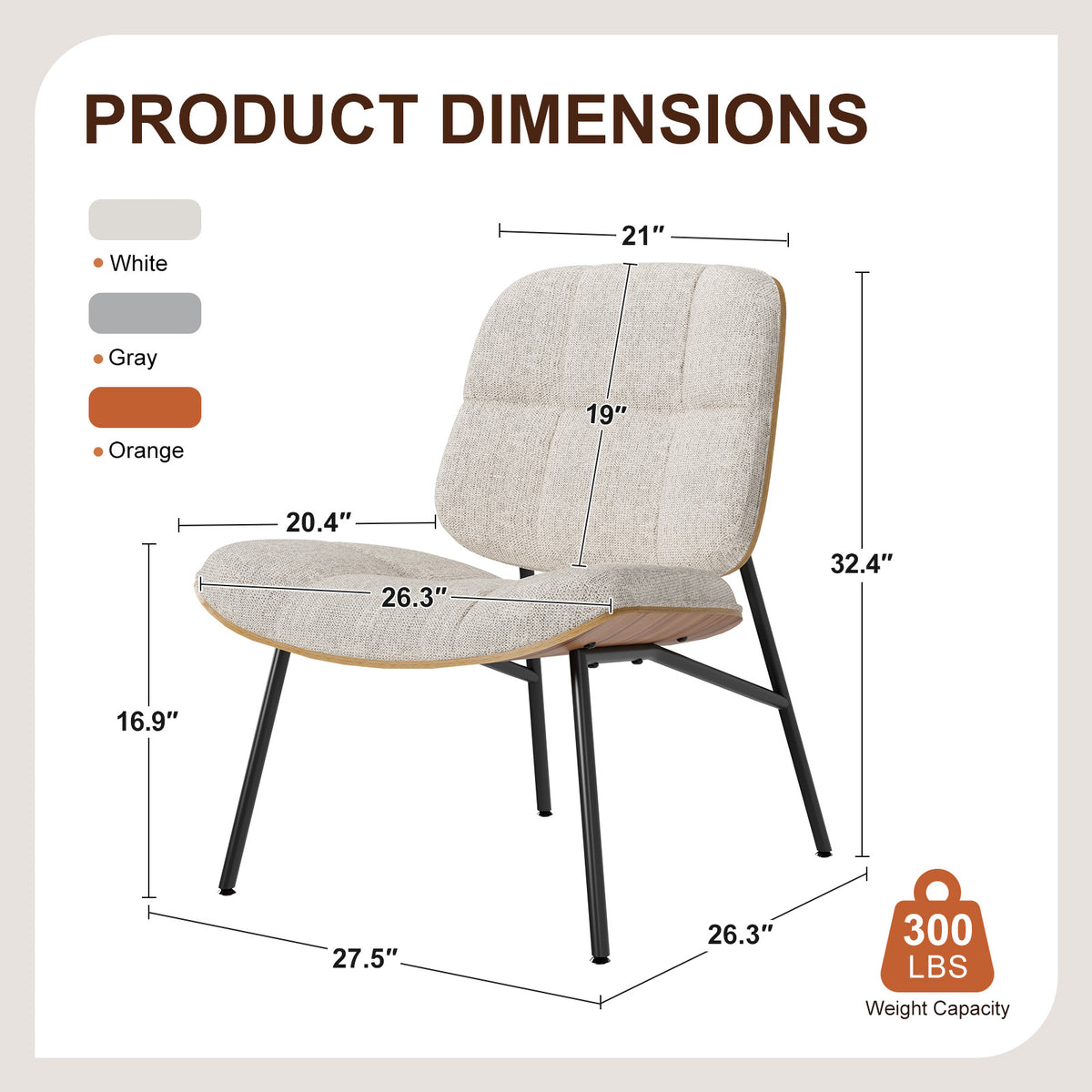 Mid-Century Modern Armless Accent Chair, Wide Tufted Chenille, Beige | Wide Seat for Cross-Legged Sitting, Tufted Bentwood Frame, Upholstered Chenille, Metal Legs, Living Room & Bedroom, 300LBS