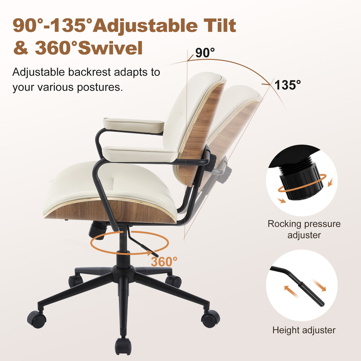 Mid Century Modern Office Chair with Armrest and Adjustable Backrest, Black | Wooden frame with armrests & adjustable backrest, swivel & height-adjustable, PU leather seat for home office comfort