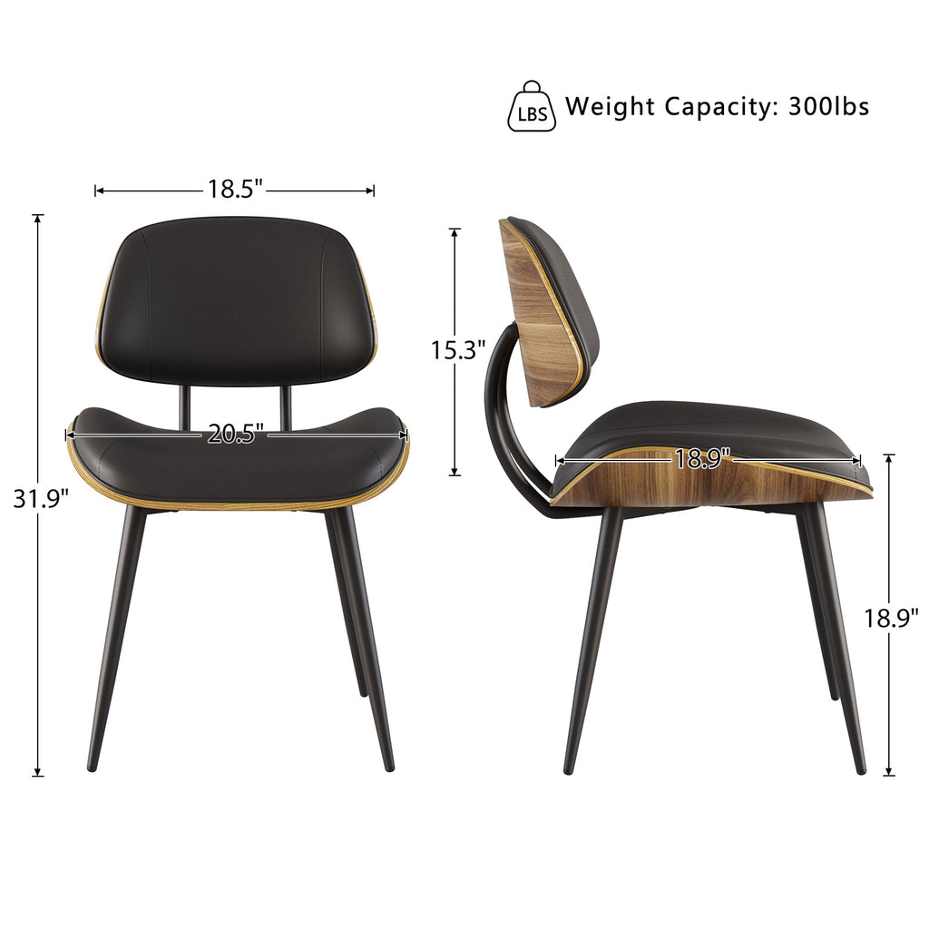 Walnut Bentwood Armless PU Leather Dining Chairs Set of 2, Black | PU leather seat with walnut bentwood back & metal legs, armless retro design, sturdy construction for dining & living room