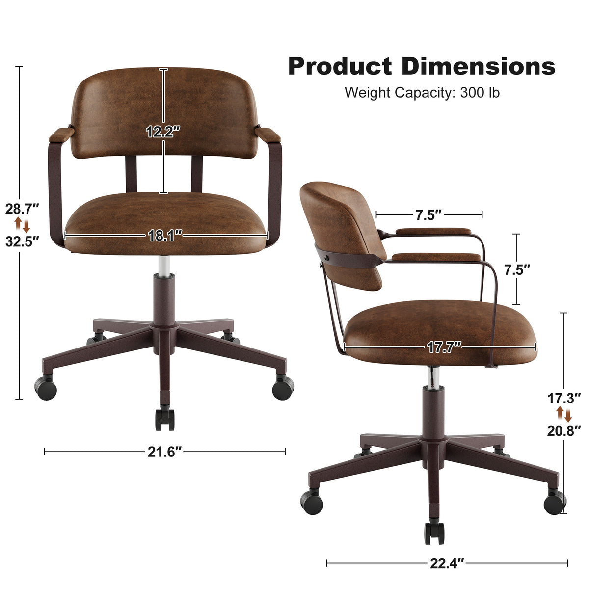 Quiet Small Modern Office Chair PU Leather Black | Padded Armrests, Curved Back Support, 360° Swivel, Height Adjustable, Quiet PU Wheels, Faux Leather, 300 lb Limit, Easy Clean