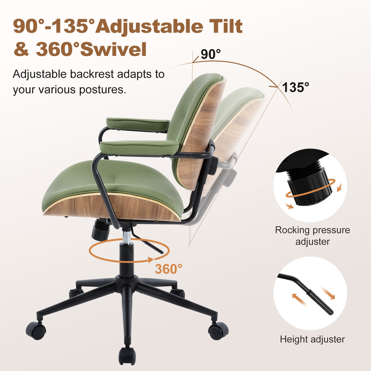 Mid Century Modern Office Chair with Armrest and Adjustable Backrest, Black | Wooden frame with armrests & adjustable backrest, swivel & height-adjustable, PU leather seat for home office comfort
