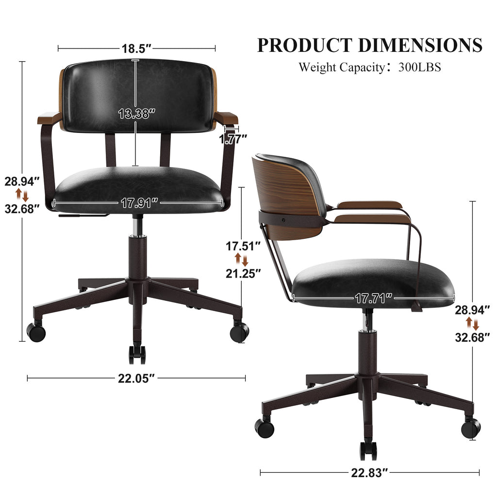 Mid-Century Modern Office Desk Chair Walnut Bentwood Brown | Wood Armrests, Walnut Bentwood Back, 360° Swivel, Height Adjustable, Quiet PU Wheels, Faux Leather, 300 lb Limit, Easy Clean
