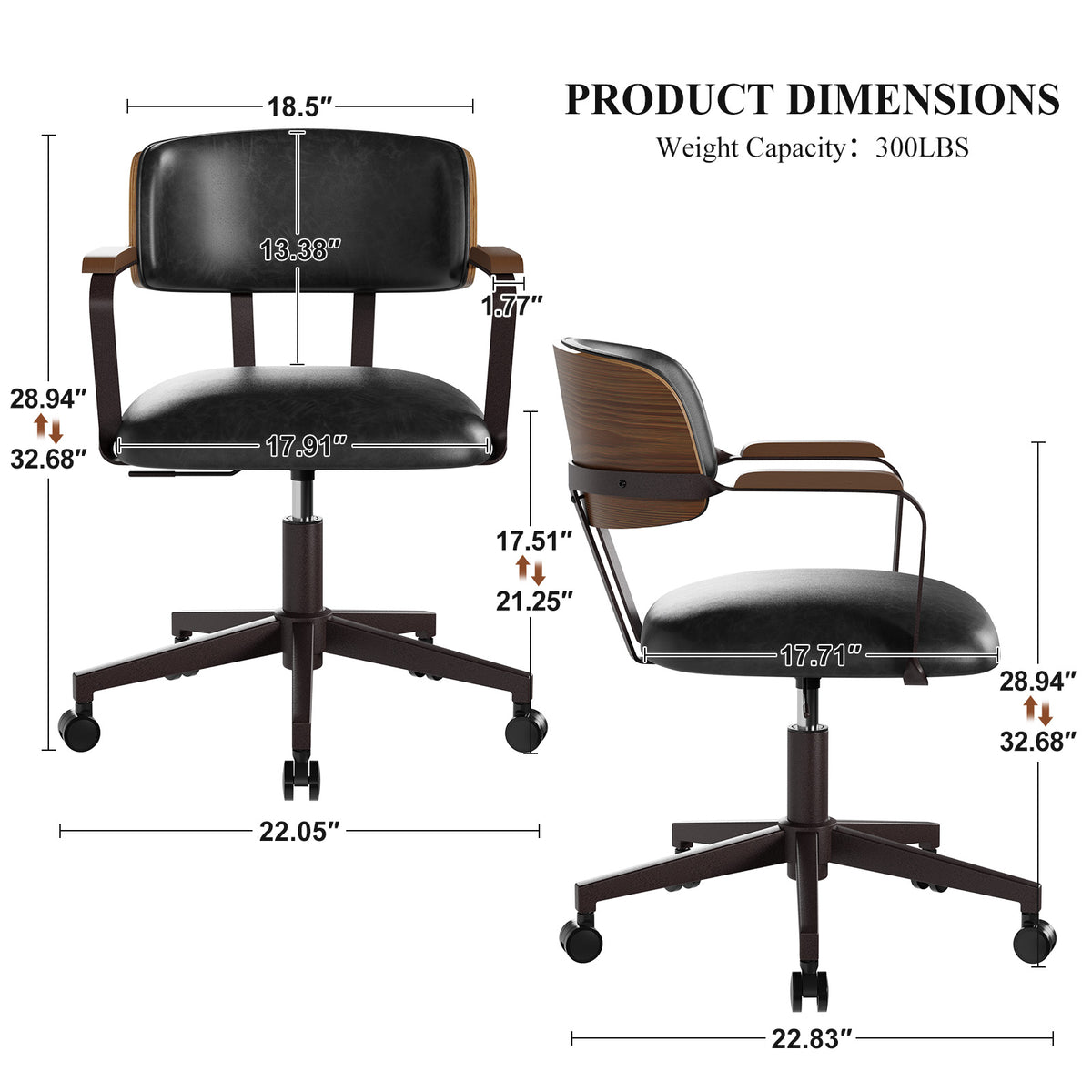 Mid-Century Modern Office Desk Chair Walnut Bentwood Brown | Wood Armrests, Walnut Bentwood Back, 360° Swivel, Height Adjustable, Quiet PU Wheels, Faux Leather, 300 lb Limit, Easy Clean