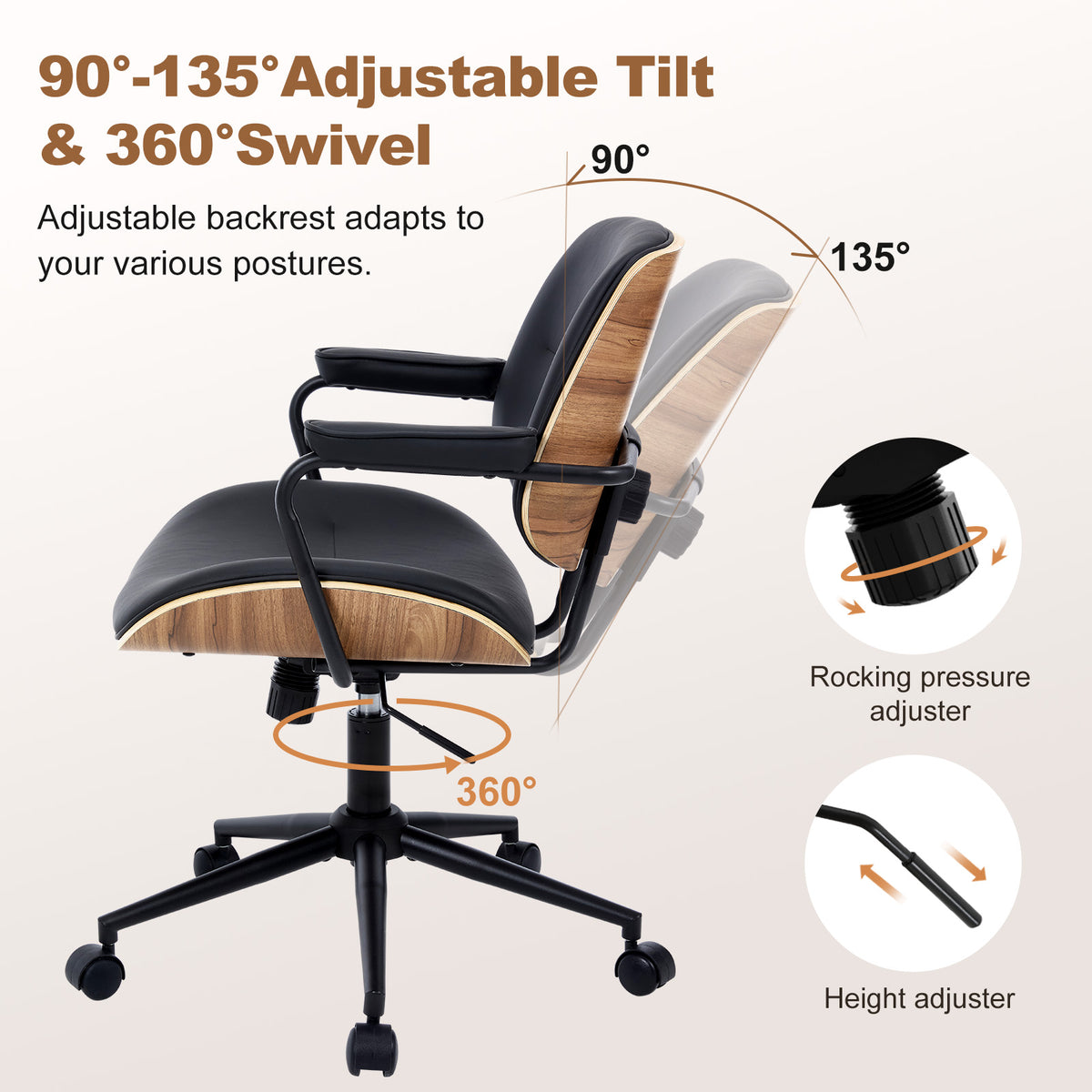 Mid Century Modern Office Chair with Armrest and Adjustable Backrest, Black | Wooden frame with armrests & adjustable backrest, swivel & height-adjustable, PU leather seat for home office comfort