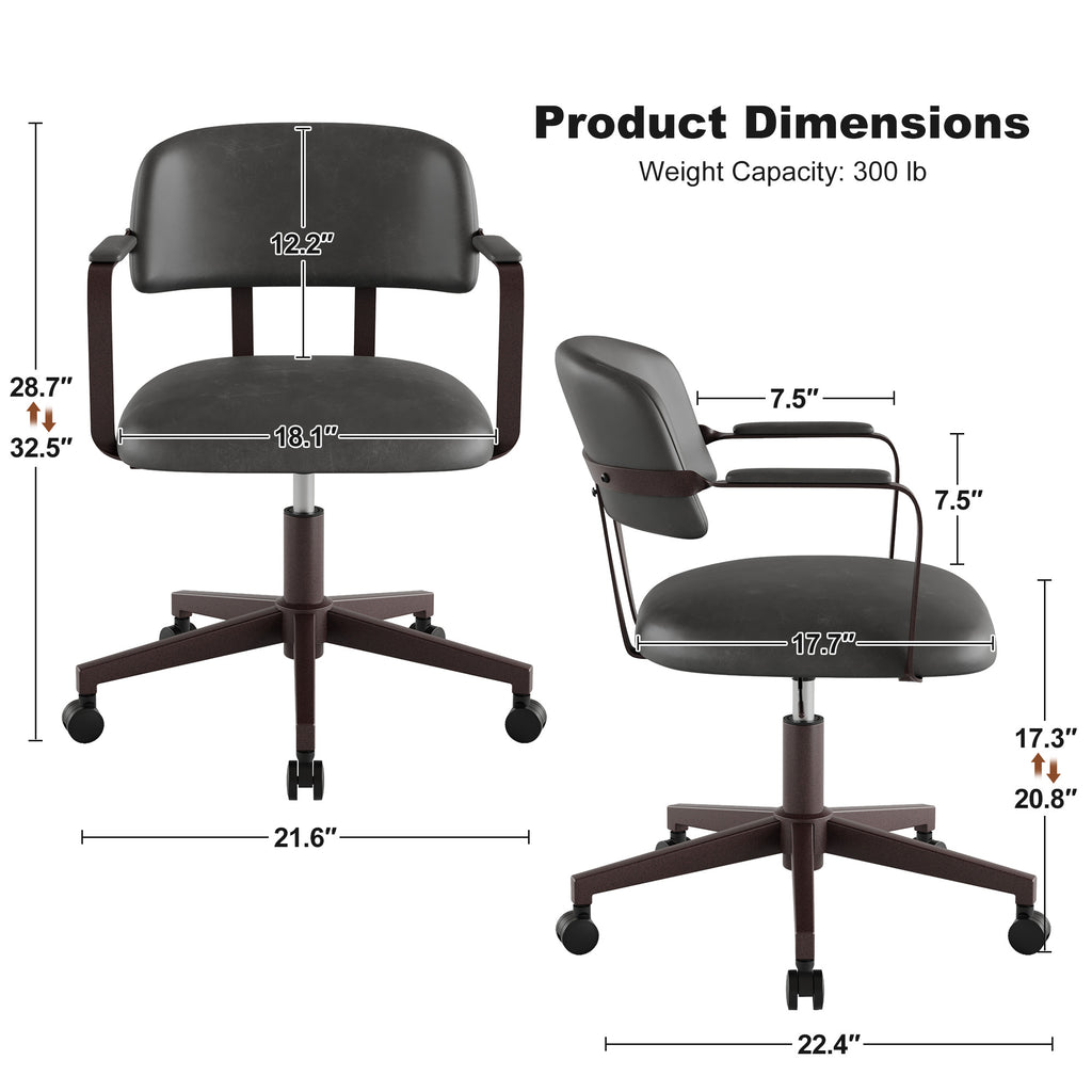 Quiet Small Modern Office Chair PU Leather Black | Padded Armrests, Curved Back Support, 360° Swivel, Height Adjustable, Quiet PU Wheels, Faux Leather, 300 lb Limit, Easy Clean