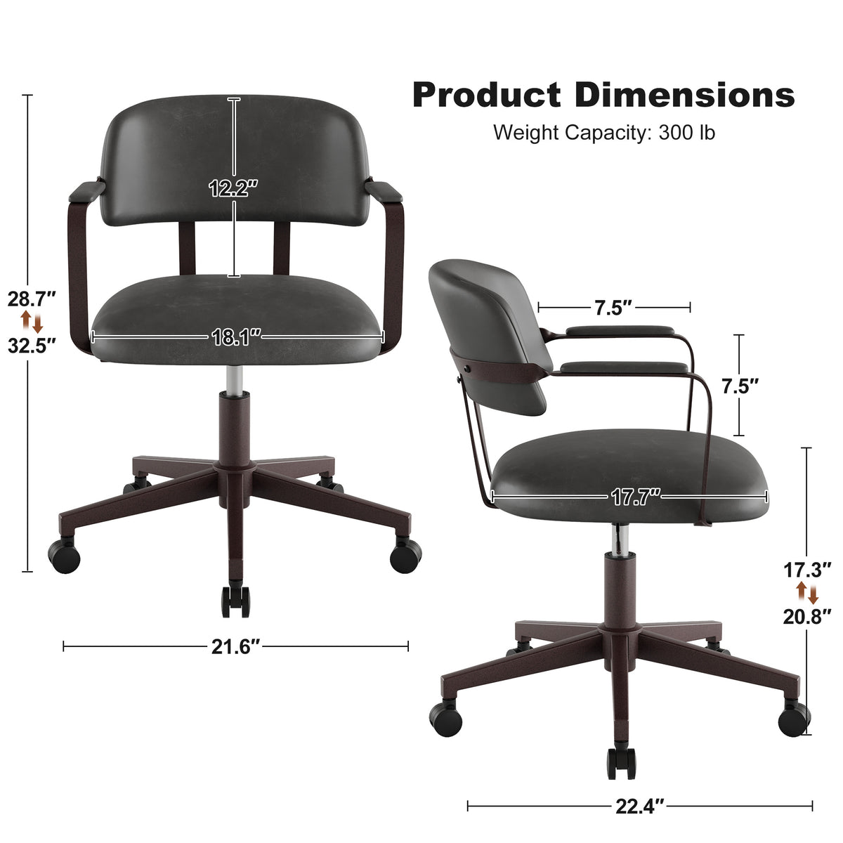 Quiet Small Modern Office Chair PU Leather Black | Padded Armrests, Curved Back Support, 360° Swivel, Height Adjustable, Quiet PU Wheels, Faux Leather, 300 lb Limit, Easy Clean