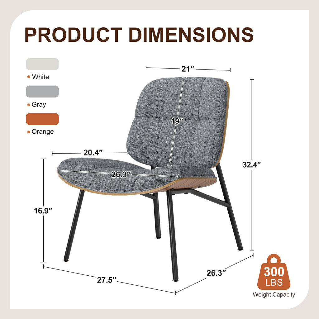 Mid-Century Modern Armless Accent Chair, Wide Tufted Chenille, Beige | Wide Seat for Cross-Legged Sitting, Tufted Bentwood Frame, Upholstered Chenille, Metal Legs, Living Room & Bedroom, 300LBS