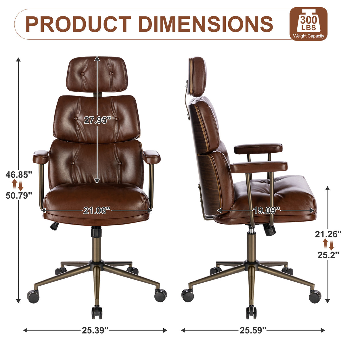 Mid-Century Modern Ergonomic Office Chair, High Back Headrest, Black | Faux Leather Executive Desk Chair, Walnut Bentwood & Adjustable Headrest, Swivel Computer Chair for Home Office, 300LBS Cap