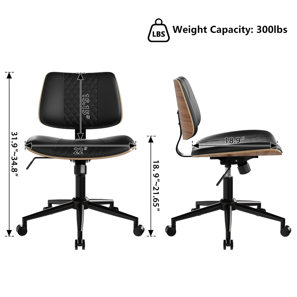 Home Office Chair No Arms with Wheels, Mid Back Walnut Style