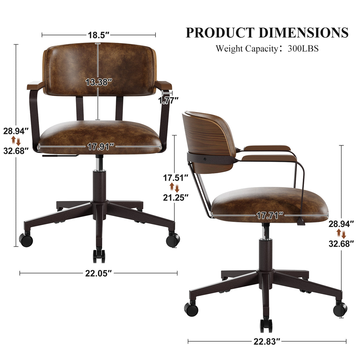Mid-Century Modern Office Desk Chair Walnut Bentwood Brown | Wood Armrests, Walnut Bentwood Back, 360° Swivel, Height Adjustable, Quiet PU Wheels, Faux Leather, 300 lb Limit, Easy Clean