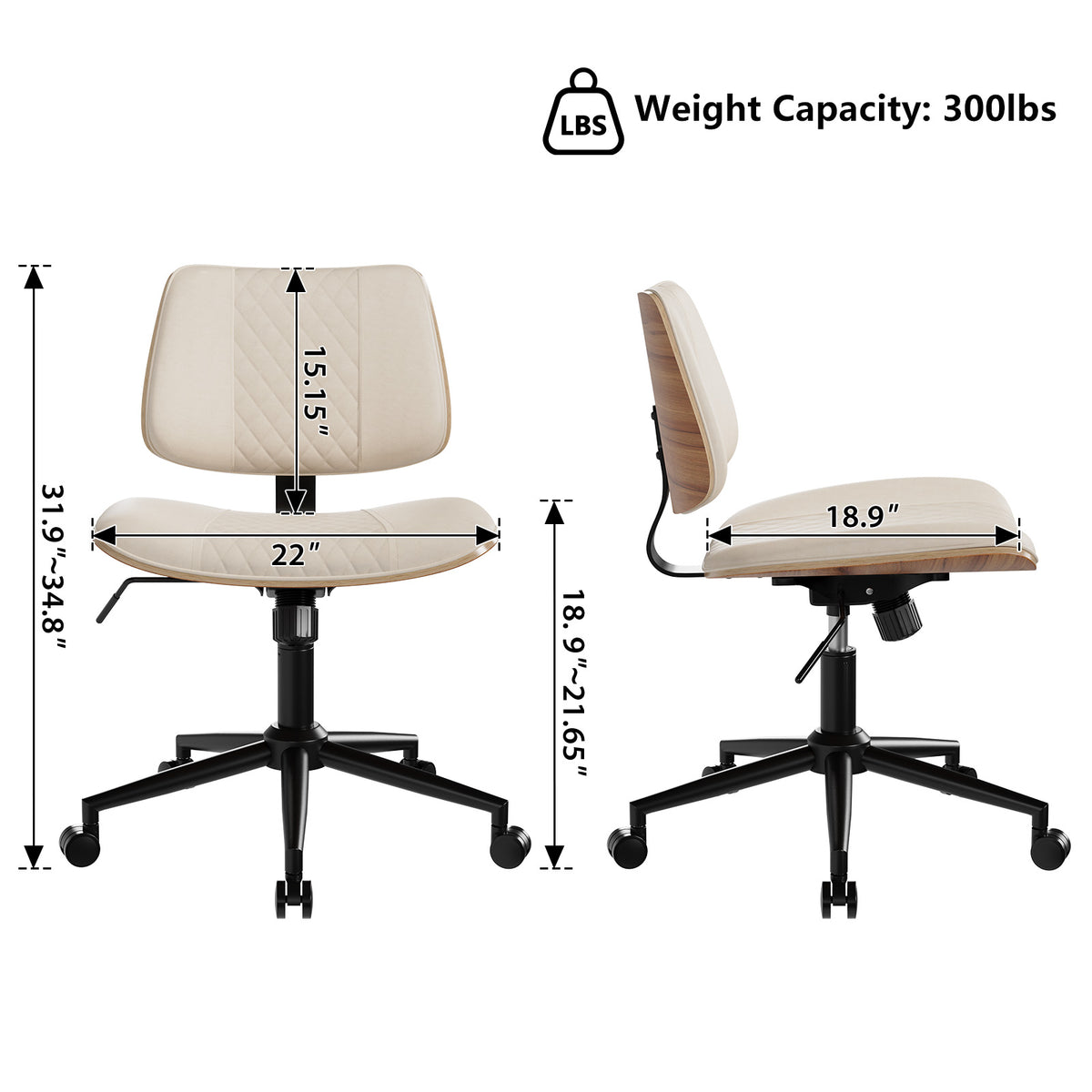 Home Office Chair No Arms with Wheels, Mid Back Walnut Style