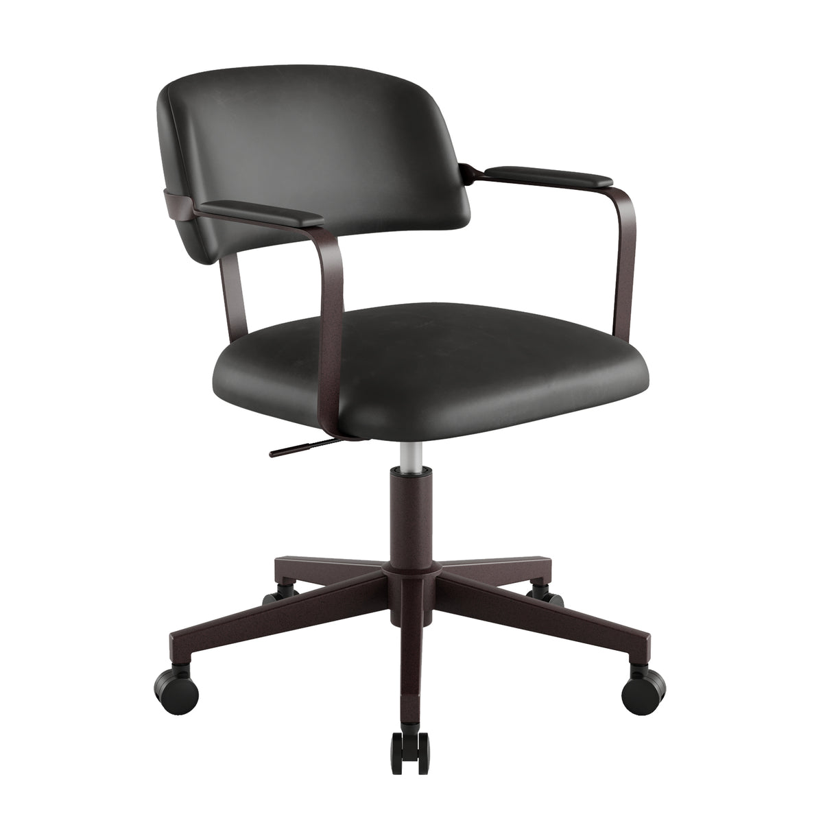Quiet Small Modern Office Chair PU Leather Black | Padded Armrests, Curved Back Support, 360° Swivel, Height Adjustable, Quiet PU Wheels, Faux Leather, 300 lb Limit, Easy Clean