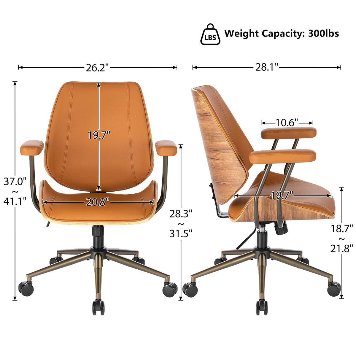 Modern Mid Back Office Chair, Adjustable Swivel Desk Chair with Arms, Black | Faux leather seat, wood accent detail, mid-back with padded armrests, adjustable swivel, for home office, bedroom & study