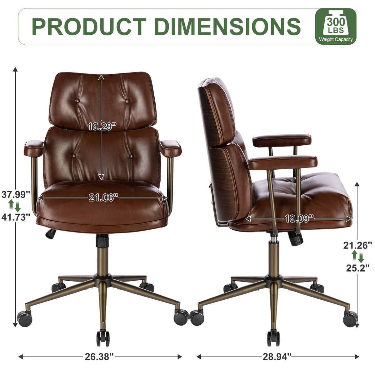 Mid-Century Modern Ergonomic Office Chair, Mid Back & Tufted, Black | Faux Leather Executive Desk Chair, Walnut Bentwood Frame, Tufted Design, Swivel Computer Chair for Home Office, 300LBS Cap