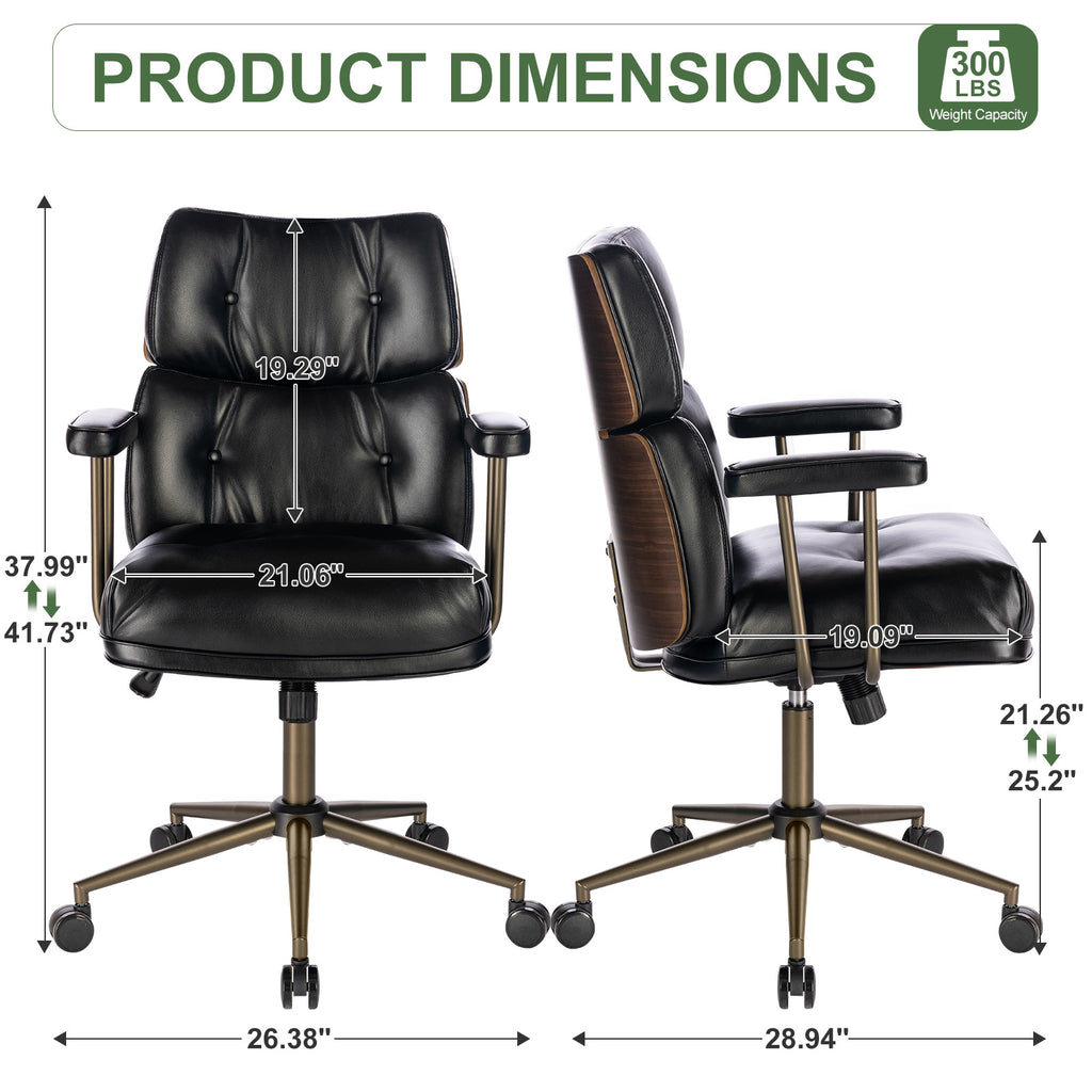 Mid-Century Modern Ergonomic Office Chair, Mid Back & Tufted, Black | Faux Leather Executive Desk Chair, Walnut Bentwood Frame, Tufted Design, Swivel Computer Chair for Home Office, 300LBS Cap