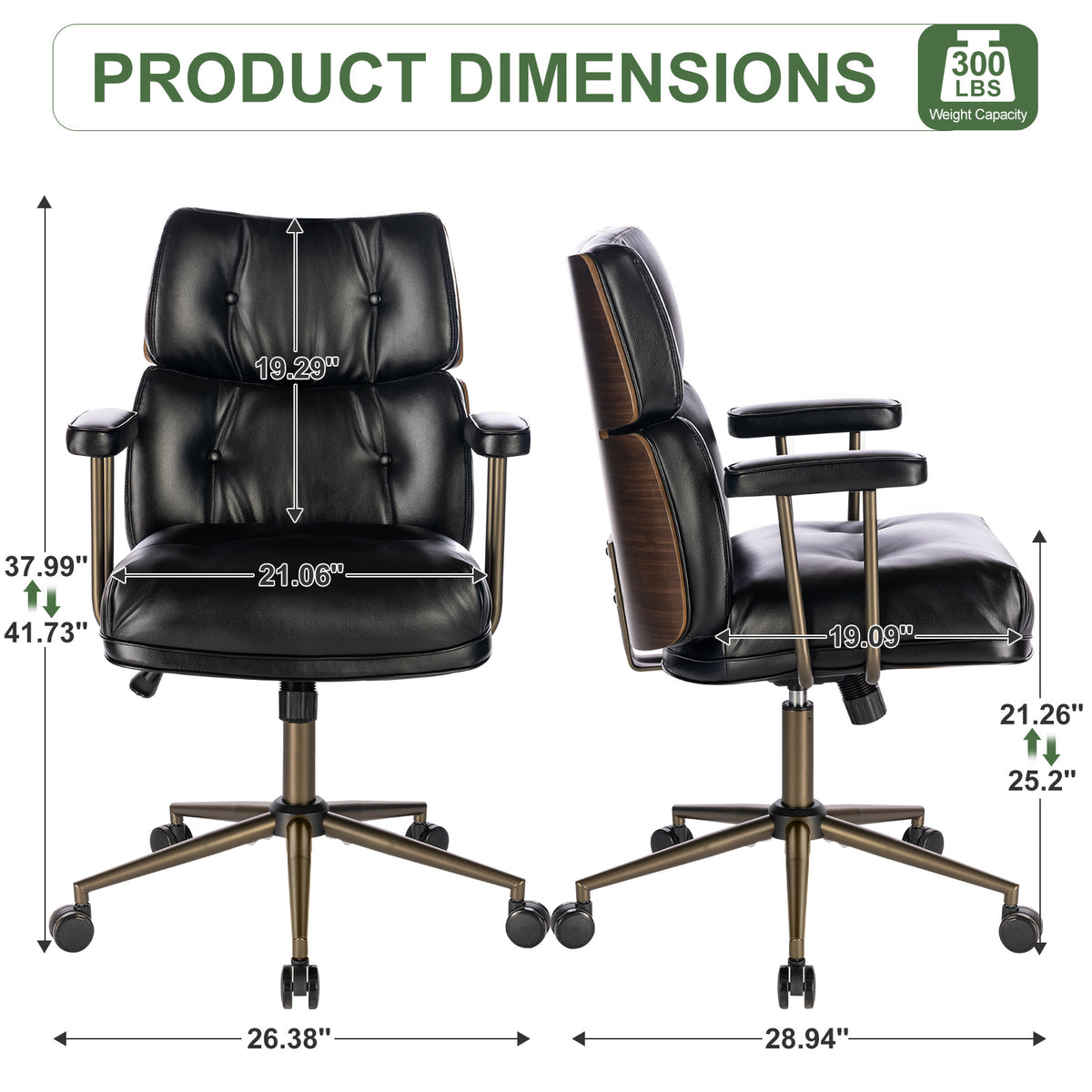 Mid-Century Modern Ergonomic Office Chair, Mid Back & Tufted, Black | Faux Leather Executive Desk Chair, Walnut Bentwood Frame, Tufted Design, Swivel Computer Chair for Home Office, 300LBS Cap