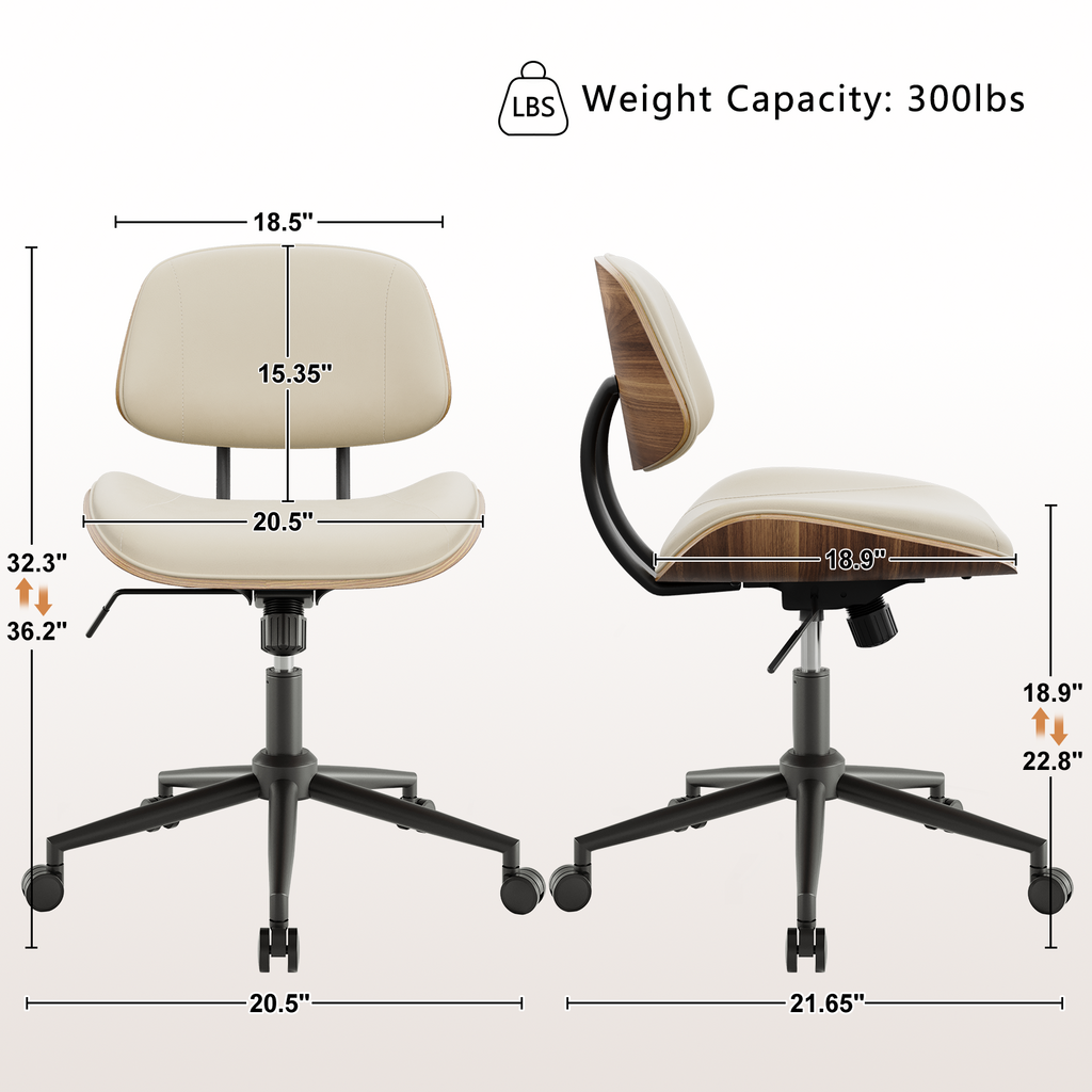 Armless Office Chair with Wheels, PU Leather Desk Chair, Black | Adjustable Height Task Chair, 360° Swivel Ergonomic Computer Chair for Small Space, Modern Walnut Style, Home & Meeting Room