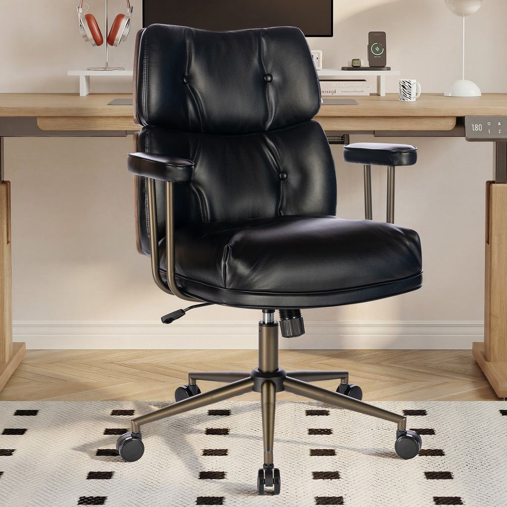 Mid-Century Modern Ergonomic Office Chair, Mid Back & Tufted, Black | Faux Leather Executive Desk Chair, Walnut Bentwood Frame, Tufted Design, Swivel Computer Chair for Home Office, 300LBS Cap