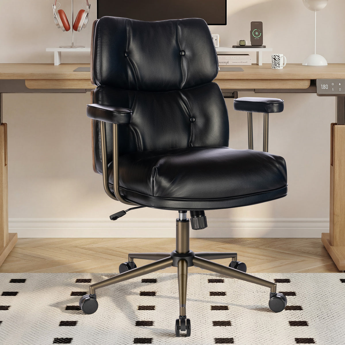 Mid-Century Modern Ergonomic Office Chair, Mid Back & Tufted, Black | Faux Leather Executive Desk Chair, Walnut Bentwood Frame, Tufted Design, Swivel Computer Chair for Home Office, 300LBS Cap