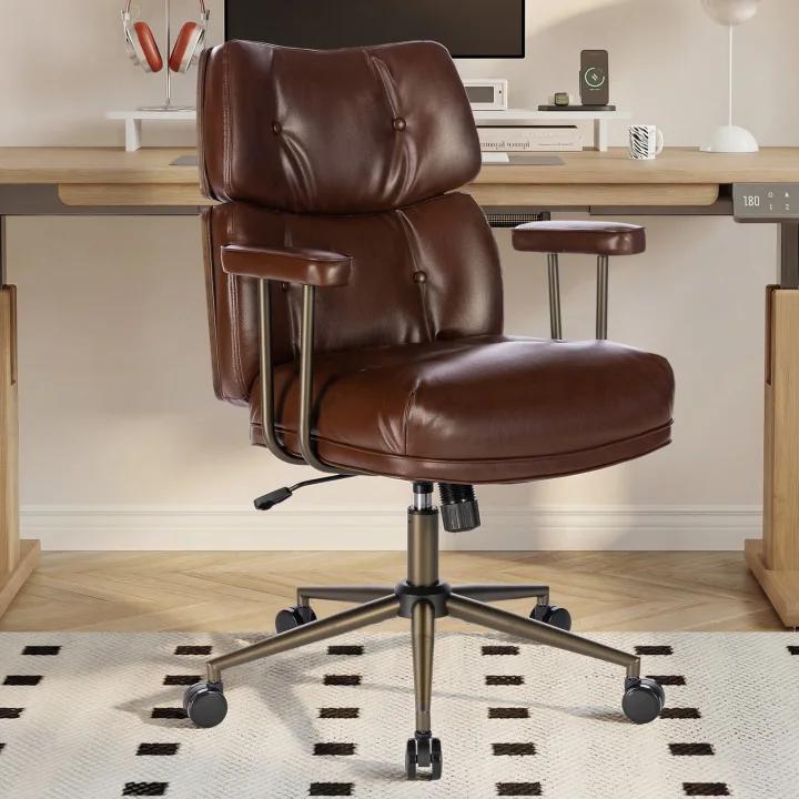 Mid-Century Modern Ergonomic Office Chair, Mid Back & Tufted, Black | Faux Leather Executive Desk Chair, Walnut Bentwood Frame, Tufted Design, Swivel Computer Chair for Home Office, 300LBS Cap