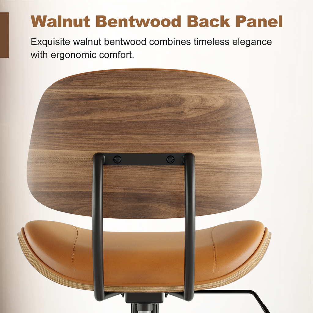 Armless Office Chair with Wheels, PU Leather Desk Chair, Black | Adjustable Height Task Chair, 360° Swivel Ergonomic Computer Chair for Small Space, Modern Walnut Style, Home & Meeting Room