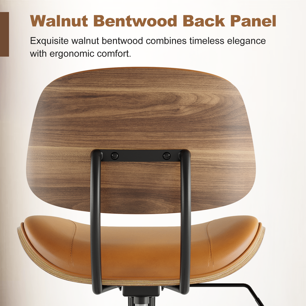 Armless Office Chair with Wheels, PU Leather Desk Chair, Black | Adjustable Height Task Chair, 360° Swivel Ergonomic Computer Chair for Small Space, Modern Walnut Style, Home & Meeting Room