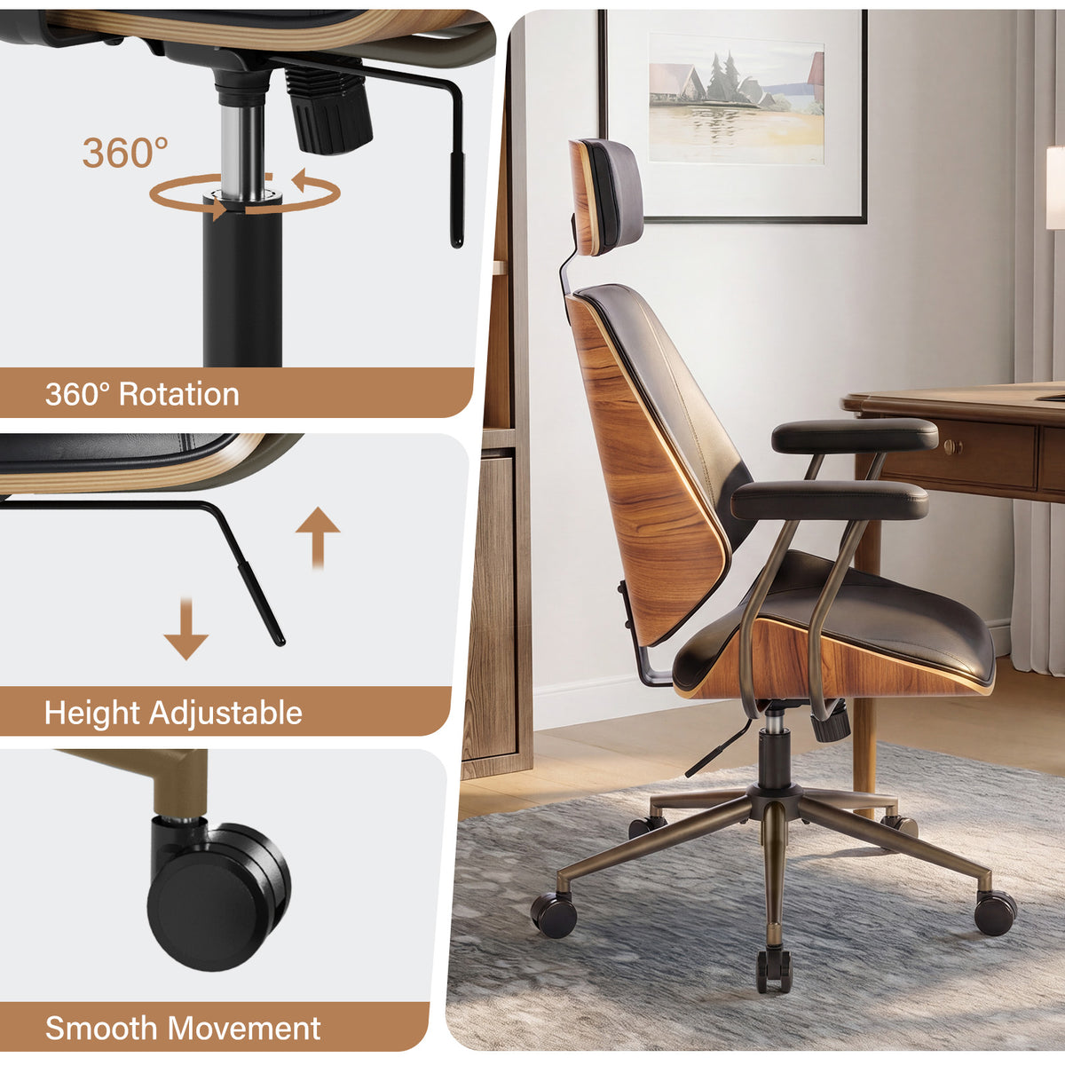 High Back Ergonomic Office Chair, with Headrest & Arms, Black | Faux leather executive chair, high-back with headrest, padded armrests, adjustable swivel, ideal for home office & workspace