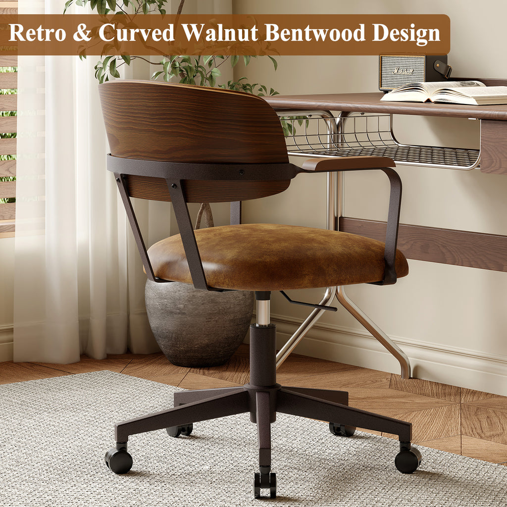 Mid-Century Modern Office Desk Chair Walnut Bentwood Brown | Wood Armrests, Walnut Bentwood Back, 360° Swivel, Height Adjustable, Quiet PU Wheels, Faux Leather, 300 lb Limit, Easy Clean