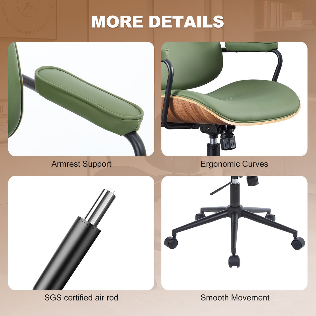 Mid Century Modern Office Chair with Armrest and Adjustable Backrest, Black | Wooden frame with armrests & adjustable backrest, swivel & height-adjustable, PU leather seat for home office comfort