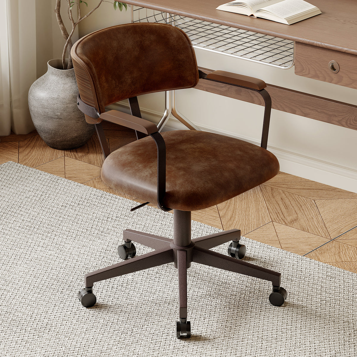 Mid-Century Modern Office Desk Chair Walnut Bentwood Brown | Wood Armrests, Walnut Bentwood Back, 360° Swivel, Height Adjustable, Quiet PU Wheels, Faux Leather, 300 lb Limit, Easy Clean