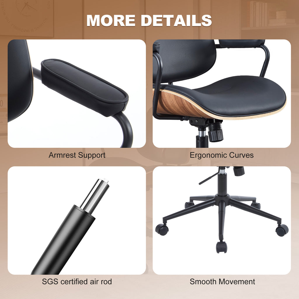 Mid Century Modern Office Chair with Armrest and Adjustable Backrest, Black | Wooden frame with armrests & adjustable backrest, swivel & height-adjustable, PU leather seat for home office comfort