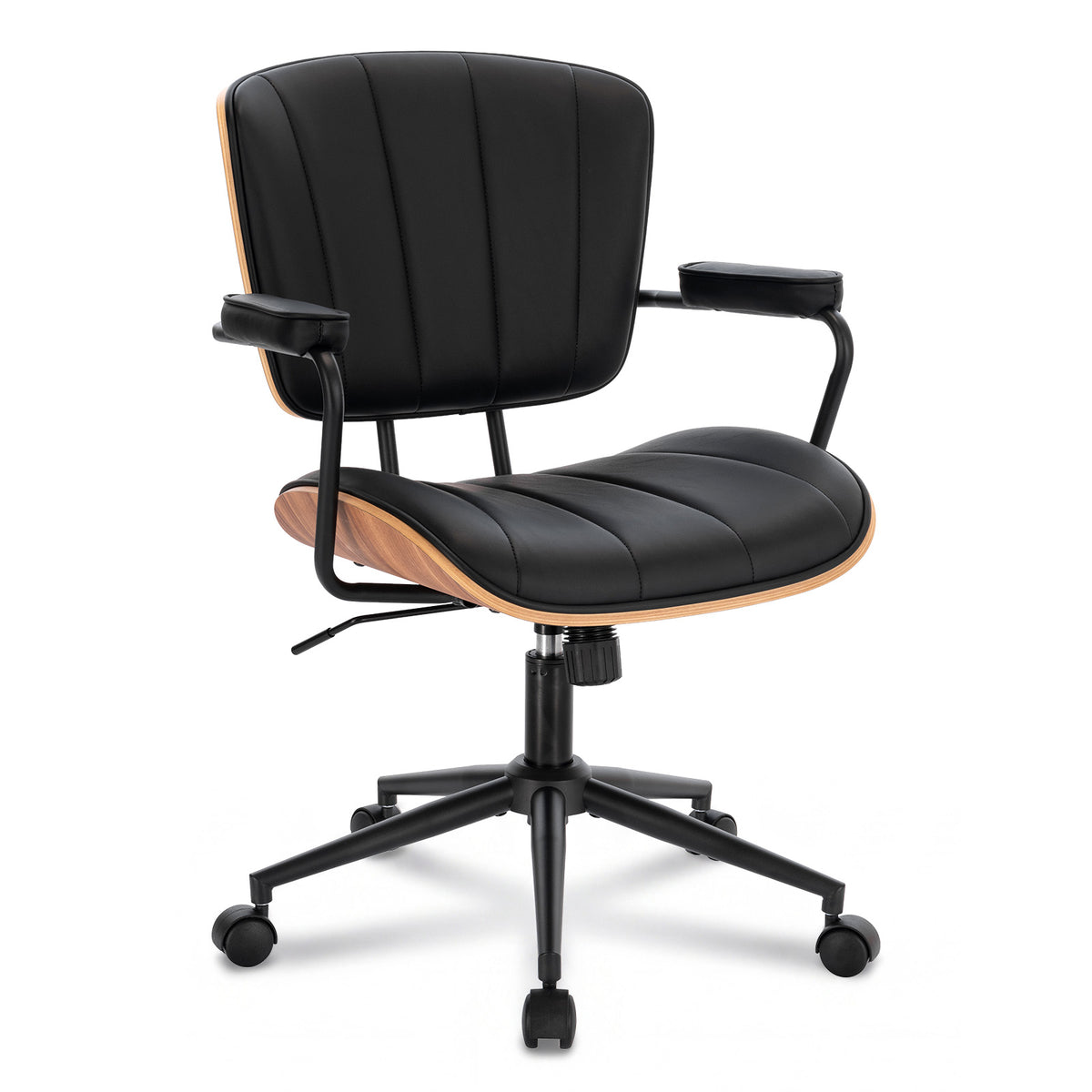 Mid Century Modern Walnut Leather Office Chair with Arms, Black | Fixed walnut bentwood back with armrests, height-adjustable swivel rolling base, PU leather seat, ideal for home office use