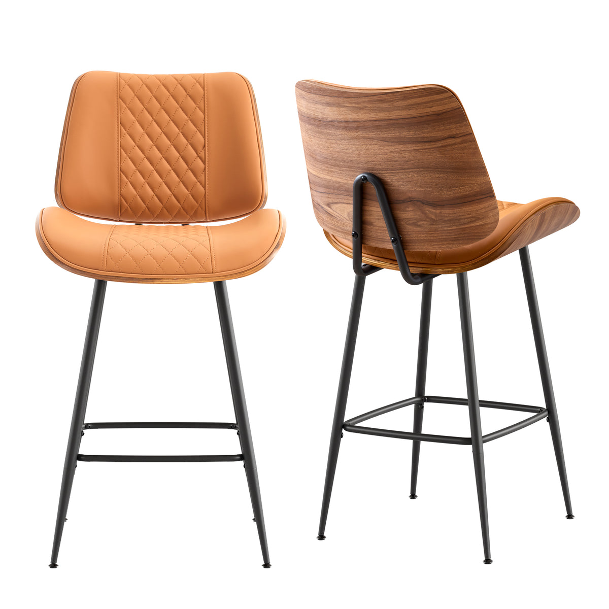Counter Height Barstools Set of 2, 26.9" Bentwood Metal Legs, Black | Walnut Armless PU Leather Stools, Modern Pub, Home Counter, Kitchen Island & Cafe, Bentwood Walnut Look, 300LBS Easy Clean