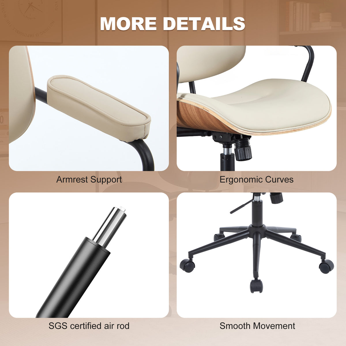 Mid Century Modern Office Chair with Armrest and Adjustable Backrest, Black | Wooden frame with armrests & adjustable backrest, swivel & height-adjustable, PU leather seat for home office comfort