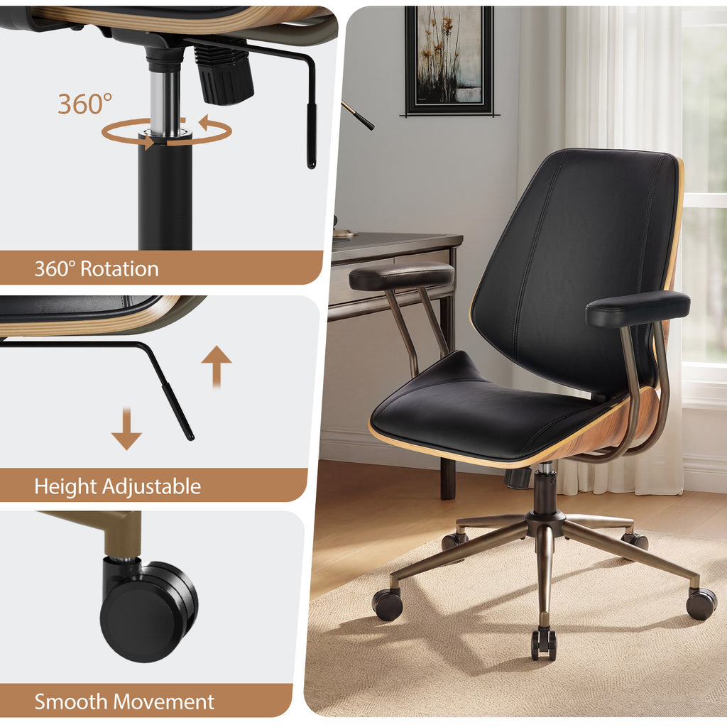 Modern Mid Back Office Chair, Adjustable Swivel Desk Chair with Arms, Black | Faux leather seat, wood accent detail, mid-back with padded armrests, adjustable swivel, for home office, bedroom & study