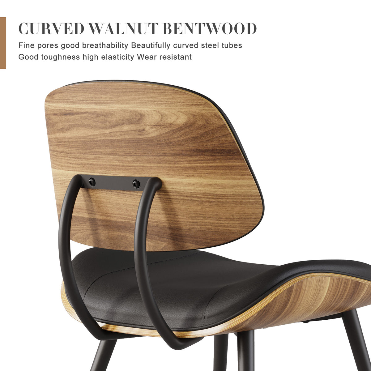 Walnut Bentwood Armless PU Leather Dining Chairs Set of 2, Black | PU leather seat with walnut bentwood back & metal legs, armless retro design, sturdy construction for dining & living room