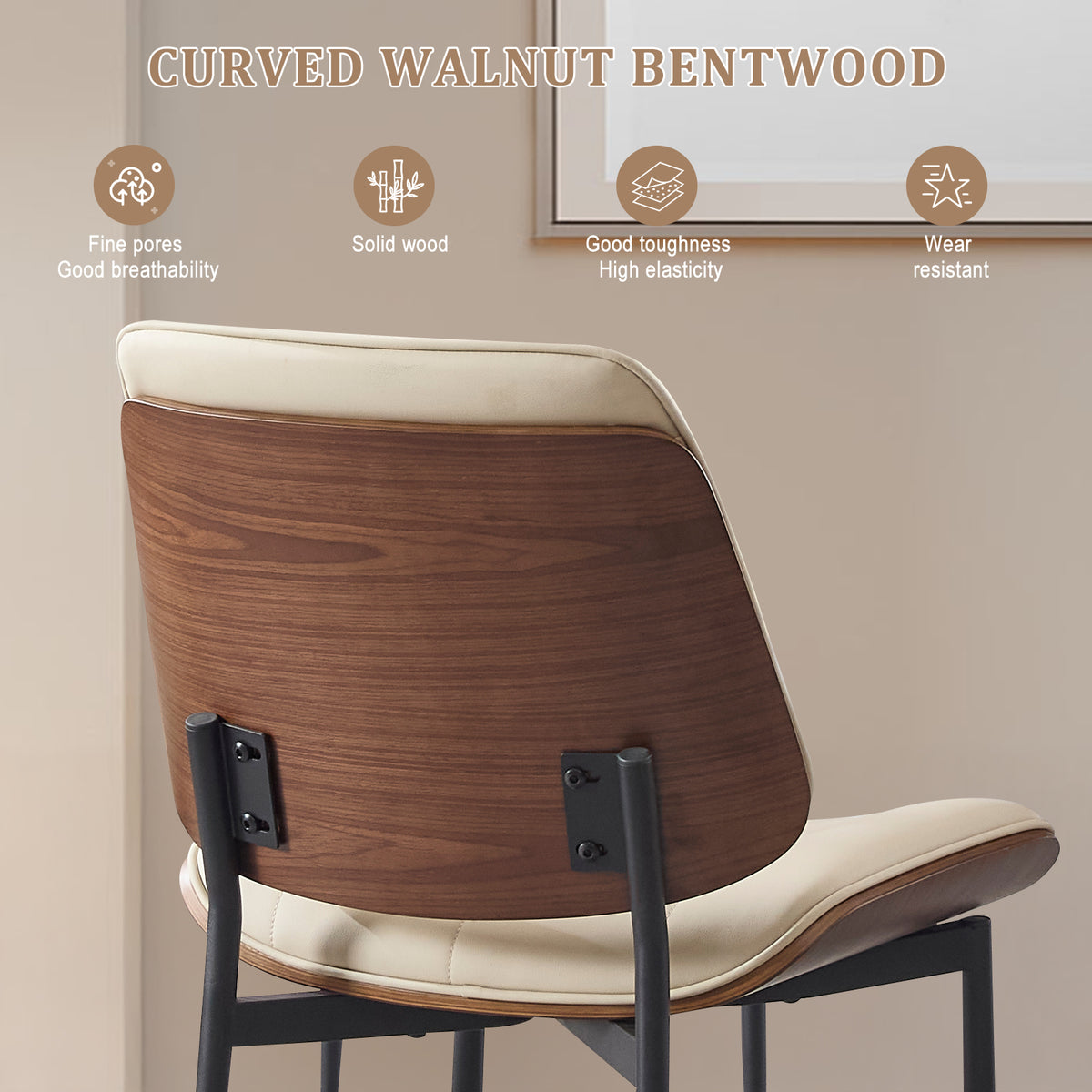 Mid Century Walnut Bentwood Armless Kitchen Dining Chairs Set of 4, Beige | PU leather seat with curved walnut bentwood back & metal legs, armless design, ideal for dining room, kitchen, or cafeteria