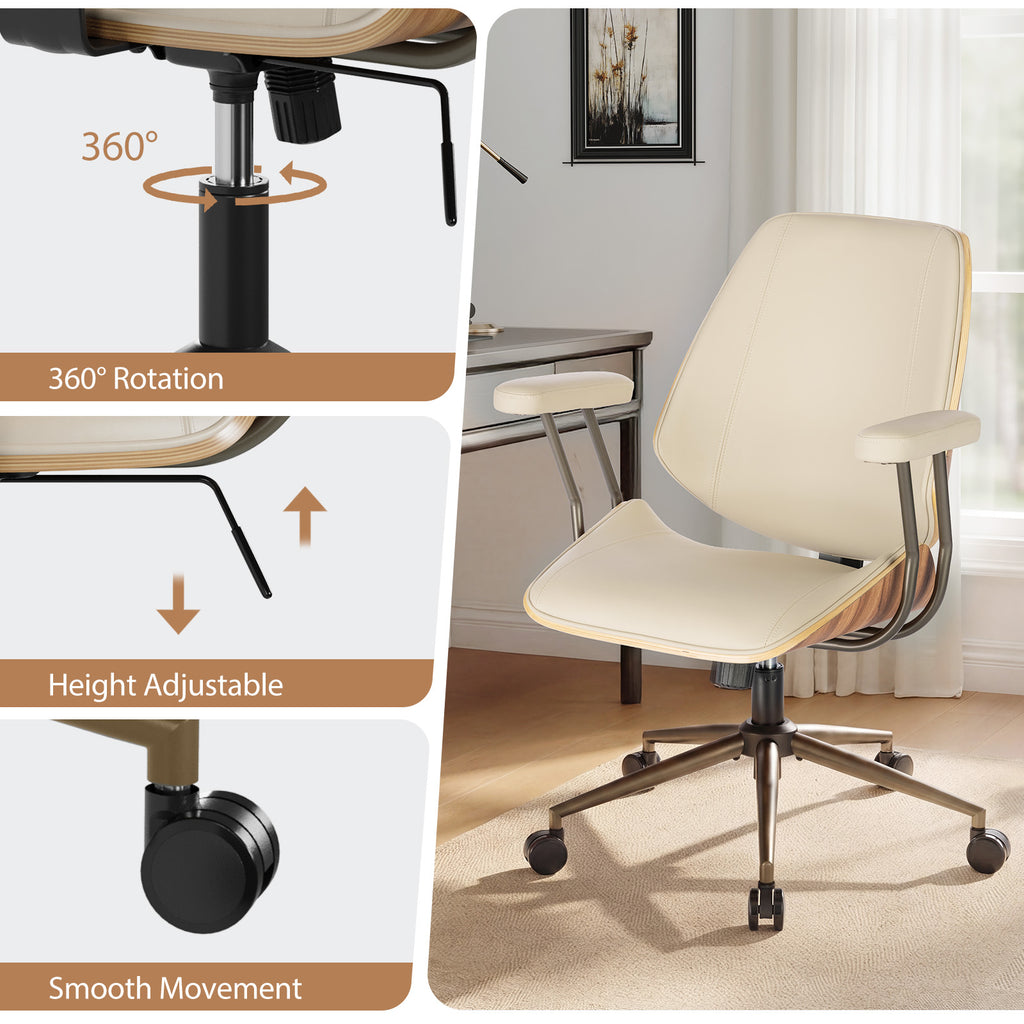 Modern Mid Back Office Chair, Adjustable Swivel Desk Chair with Arms, Black | Faux leather seat, wood accent detail, mid-back with padded armrests, adjustable swivel, for home office, bedroom & study