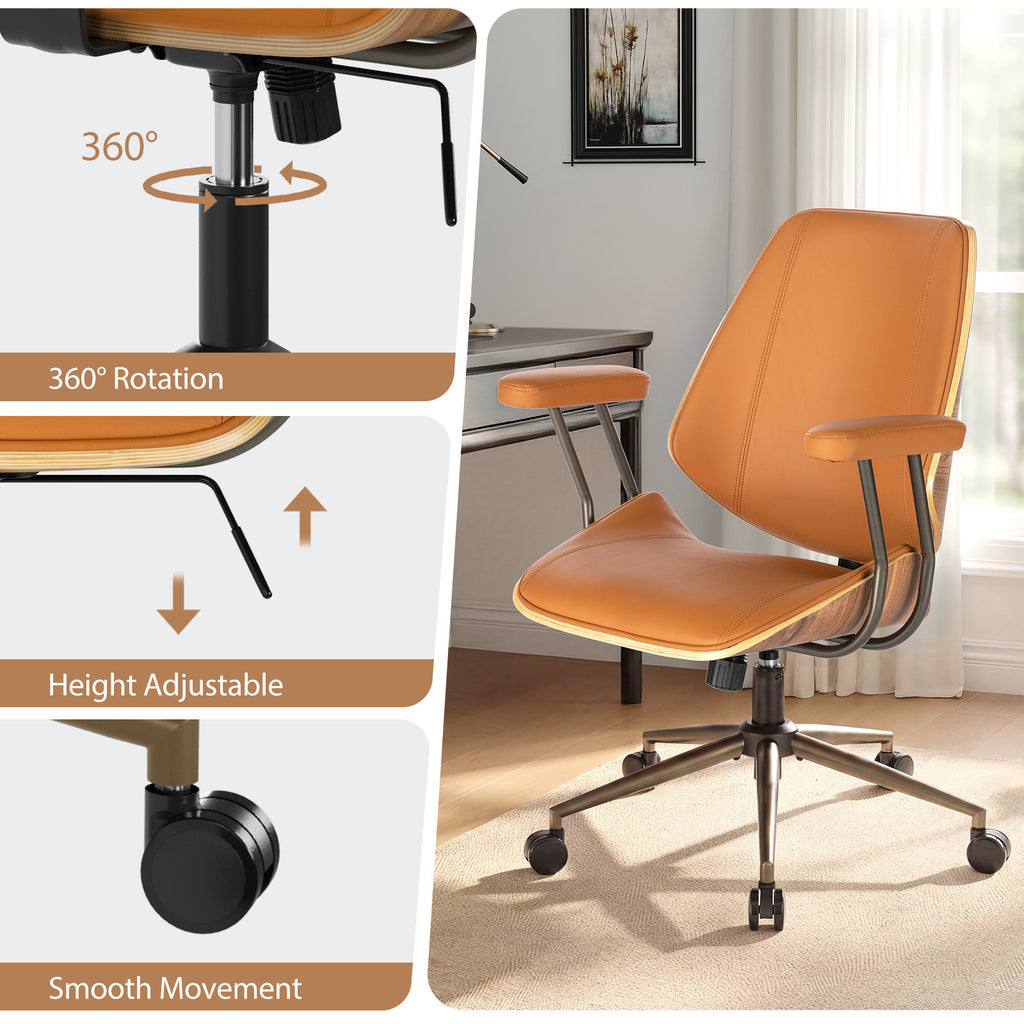 Modern Mid Back Office Chair, Adjustable Swivel Desk Chair with Arms, Black | Faux leather seat, wood accent detail, mid-back with padded armrests, adjustable swivel, for home office, bedroom & study