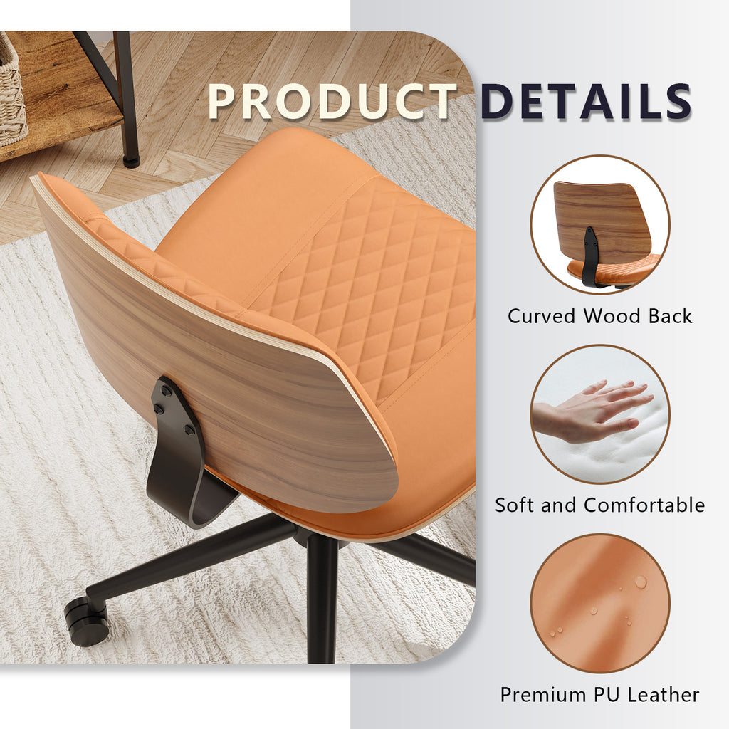 Home Office Chair No Arms with Wheels, Mid Back Walnut Style