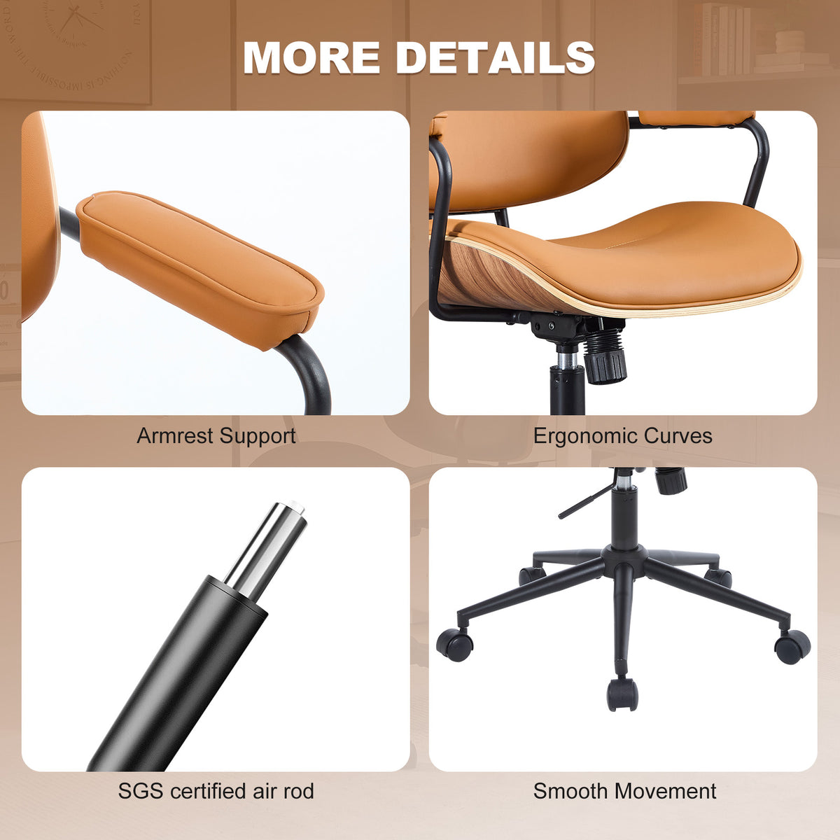 Mid Century Modern Office Chair with Armrest and Adjustable Backrest, Black | Wooden frame with armrests & adjustable backrest, swivel & height-adjustable, PU leather seat for home office comfort