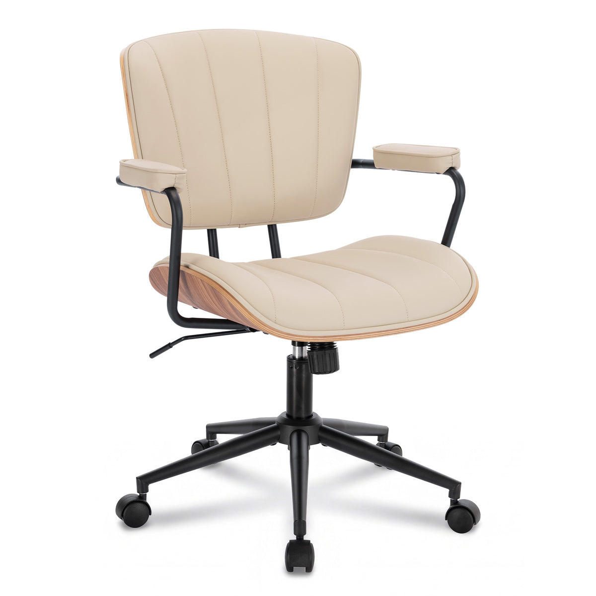 Mid Century Modern Walnut Leather Office Chair with Arms, Black | Fixed walnut bentwood back with armrests, height-adjustable swivel rolling base, PU leather seat, ideal for home office use