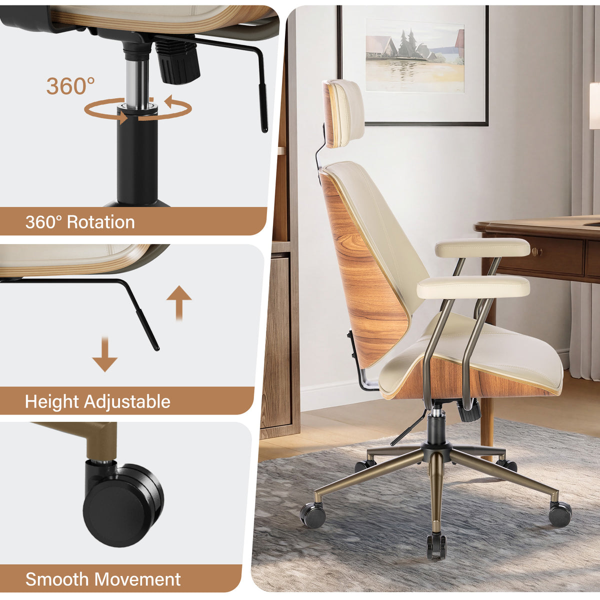 High Back Ergonomic Office Chair, with Headrest & Arms, Black | Faux leather executive chair, high-back with headrest, padded armrests, adjustable swivel, ideal for home office & workspace
