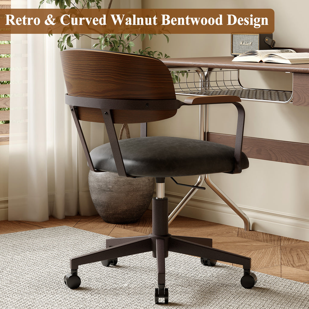 Mid-Century Modern Office Desk Chair Walnut Bentwood Brown | Wood Armrests, Walnut Bentwood Back, 360° Swivel, Height Adjustable, Quiet PU Wheels, Faux Leather, 300 lb Limit, Easy Clean
