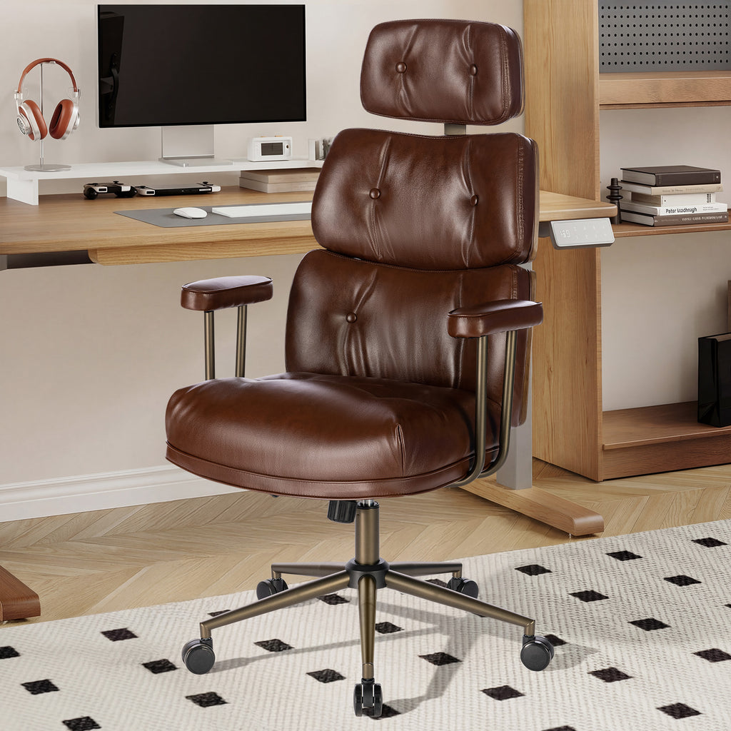 Mid-Century Modern Ergonomic Office Chair, High Back Headrest, Black | Faux Leather Executive Desk Chair, Walnut Bentwood & Adjustable Headrest, Swivel Computer Chair for Home Office, 300LBS Cap