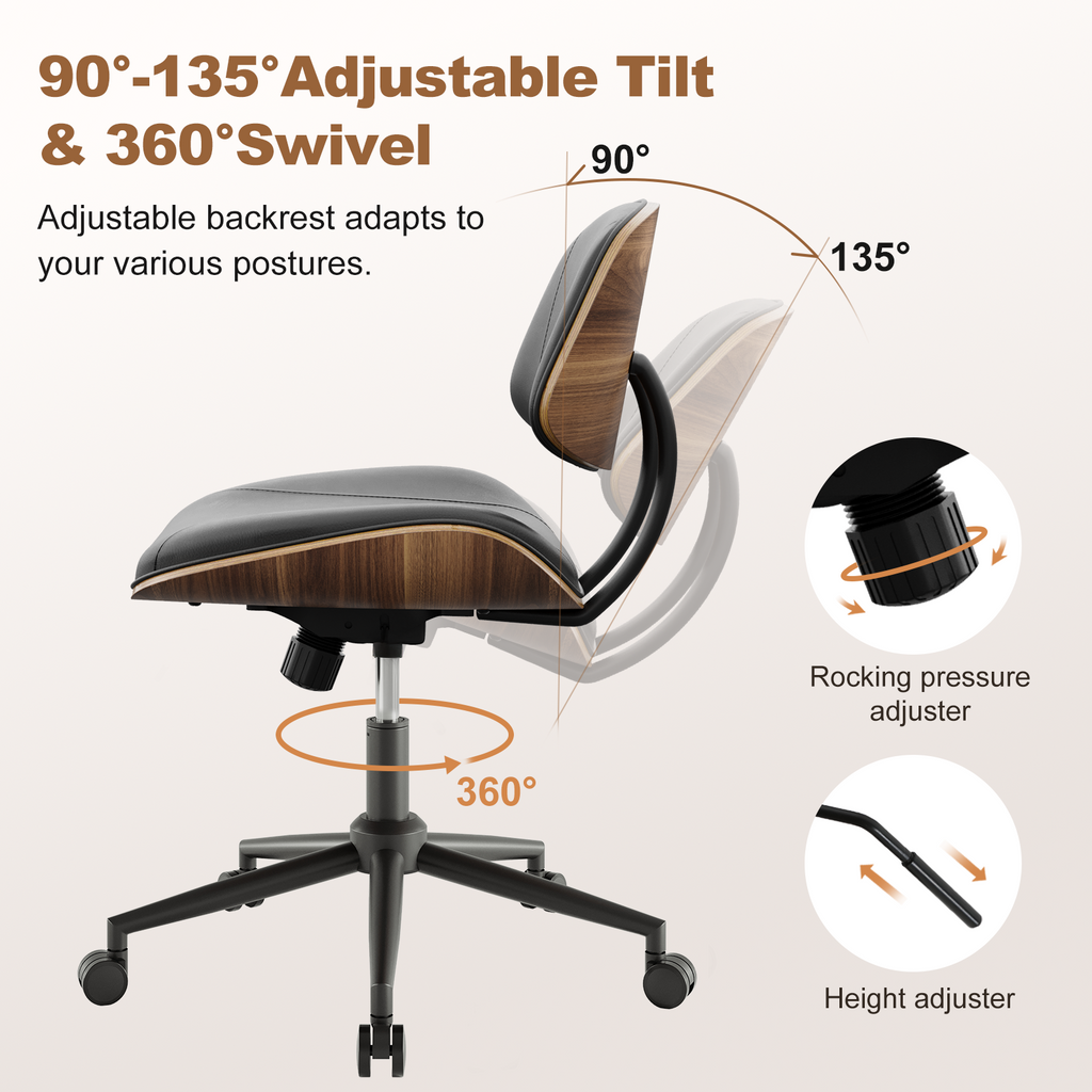 Armless Office Chair with Wheels, PU Leather Desk Chair, Black | Adjustable Height Task Chair, 360° Swivel Ergonomic Computer Chair for Small Space, Modern Walnut Style, Home & Meeting Room