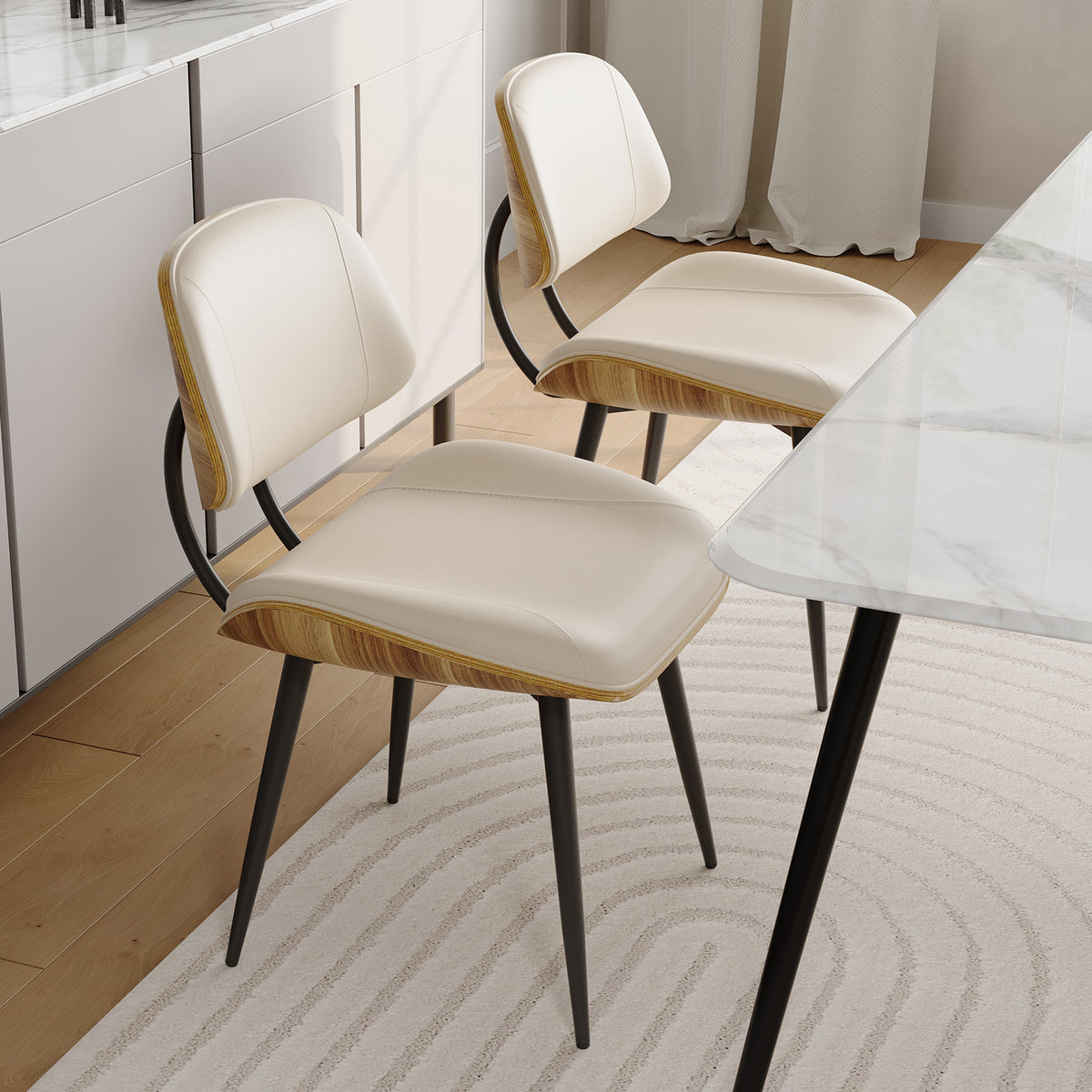 Walnut Bentwood Armless PU Leather Dining Chairs Set of 2, Black | PU leather seat with walnut bentwood back & metal legs, armless retro design, sturdy construction for dining & living room