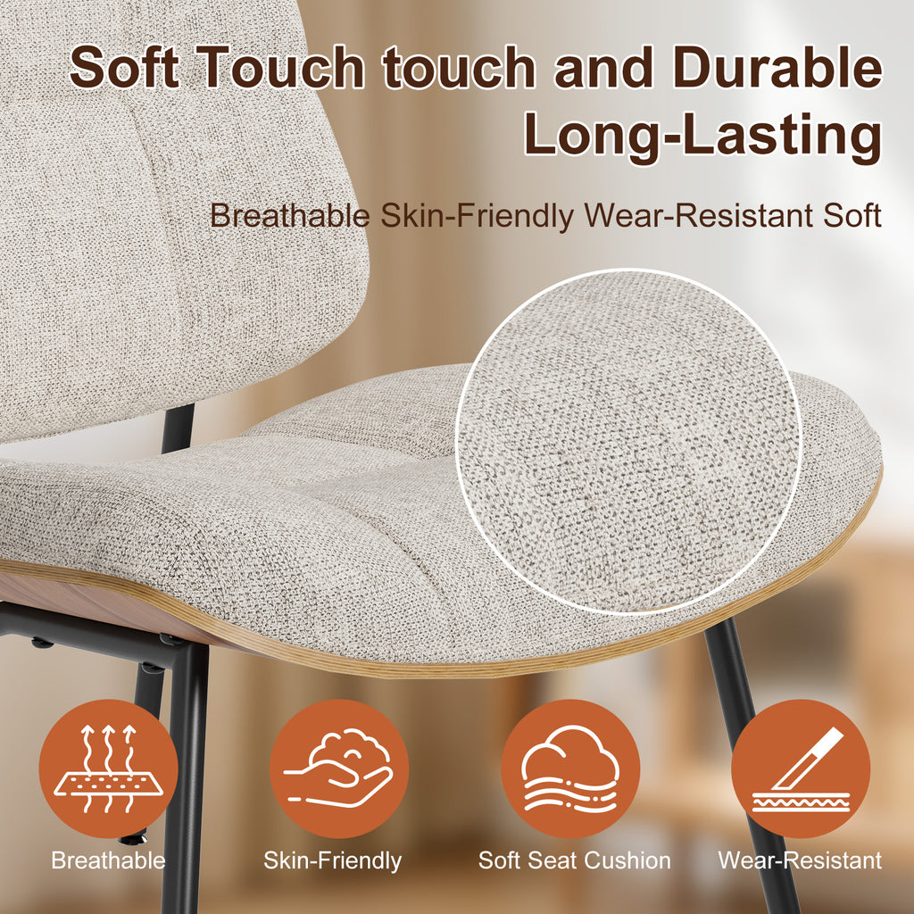 Mid-Century Modern Armless Accent Chair, Wide Tufted Chenille, Beige | Wide Seat for Cross-Legged Sitting, Tufted Bentwood Frame, Upholstered Chenille, Metal Legs, Living Room & Bedroom, 300LBS