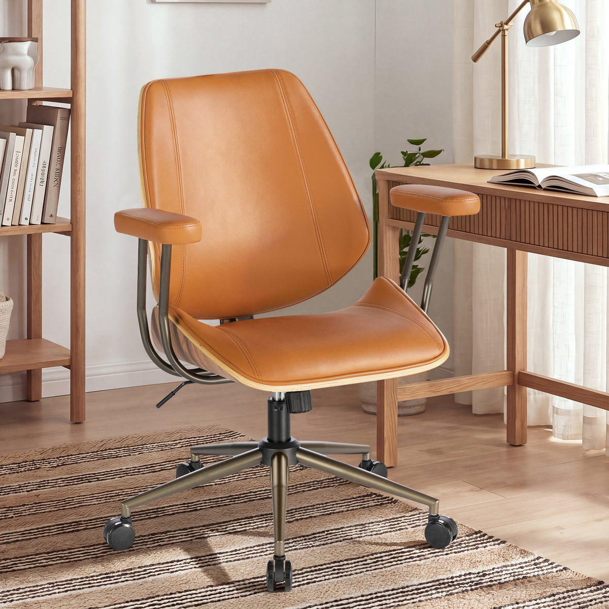 Modern Mid Back Office Chair, Adjustable Swivel Desk Chair with Arms, Black | Faux leather seat, wood accent detail, mid-back with padded armrests, adjustable swivel, for home office, bedroom & study