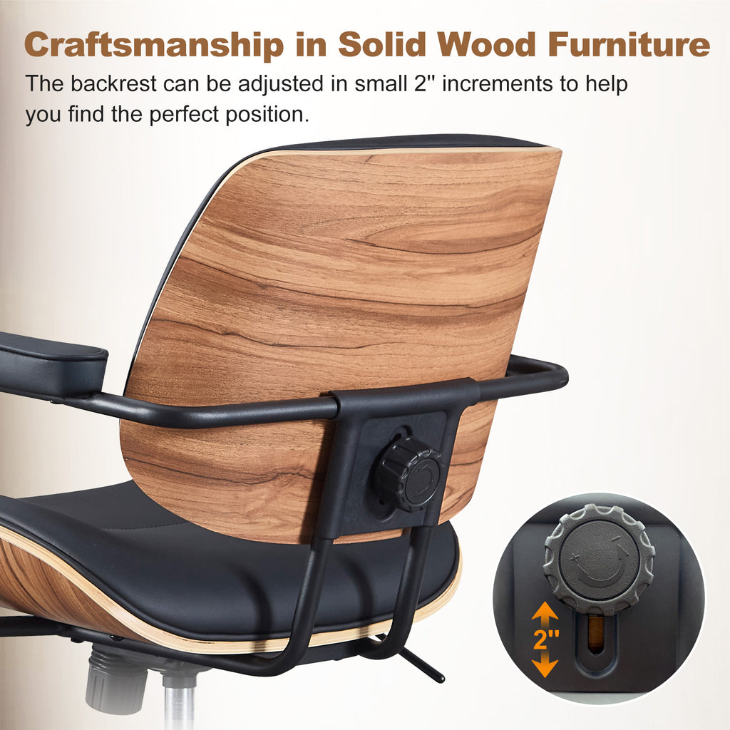 Mid Century Modern Office Chair with Armrest and Adjustable Backrest, Black | Wooden frame with armrests & adjustable backrest, swivel & height-adjustable, PU leather seat for home office comfort